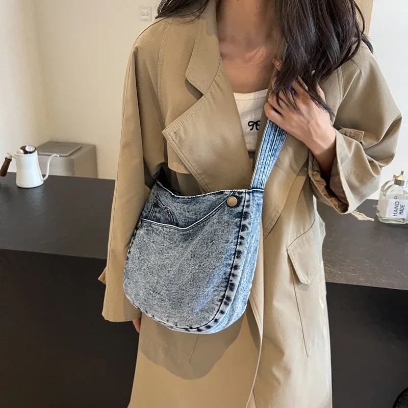 New Japanese Ins Washed Denim Messenger Bag Women's Literary Large-capacity Shoulder Bag Trendy Fashion Student Backpack