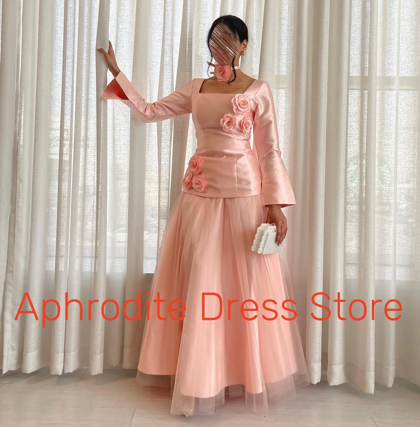 Customized High Quality Satin 3D Flowers Evening Dresses Exquisite Long Sleeves Square Neck Prom Dress Custom Size Par