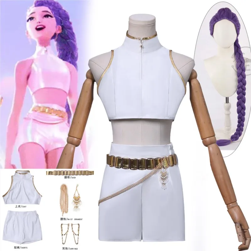 

Rumi Huntrix WHAT IT SOUNDS LIKE Kpop Demon Cosplay Hunters Korea Idol White Uniform Sexy Dress Wig Prop Halloween Carnival Cos