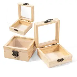 1/3pcs Wooden/Glass Gift Wrapping Wooden Box Natural Colour 3.5'' X 3.5'' X 1.8'' Visual Storage Wooden Box