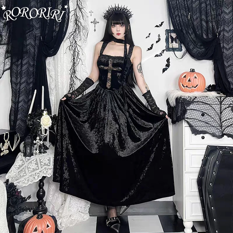 RORORIRI Sheer Cross Lace Splice Samt Tank Kleid Frauen Schal Neck Backless Sexy Plissee Drapierte Lange Kleid Dark Vintage Kleidung