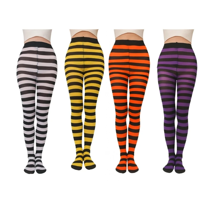 M2EA Soft Striped Long Tights Women Wide Horizontal Stripe Tights Opaque Hosiery Breathable Casual High Waist Elastic Legging