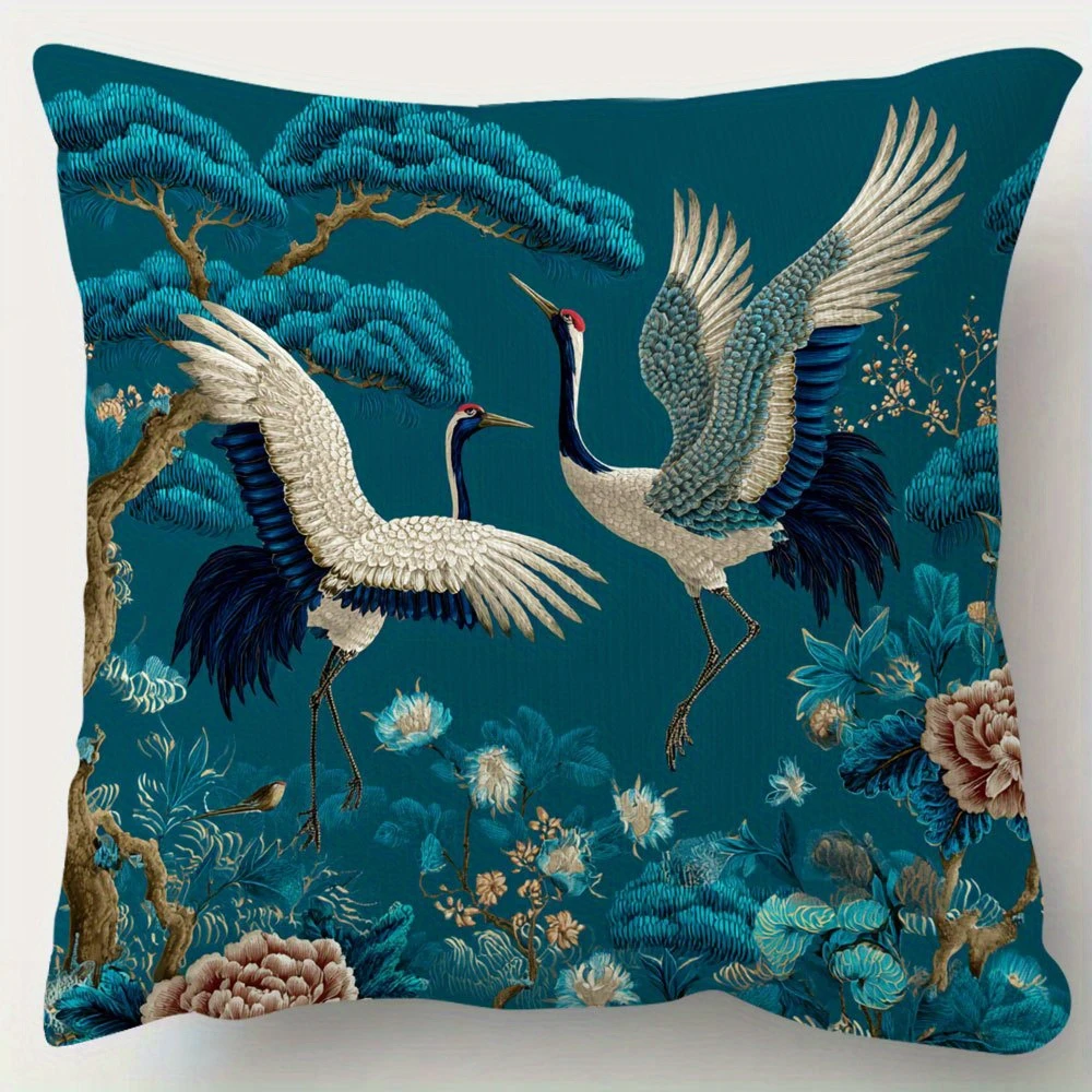 2D flat- Vintage Chinese Style Crane and Pine Throw Pillow Cover Elegant Teal Botanical Floral Cushion Case for Home Decor