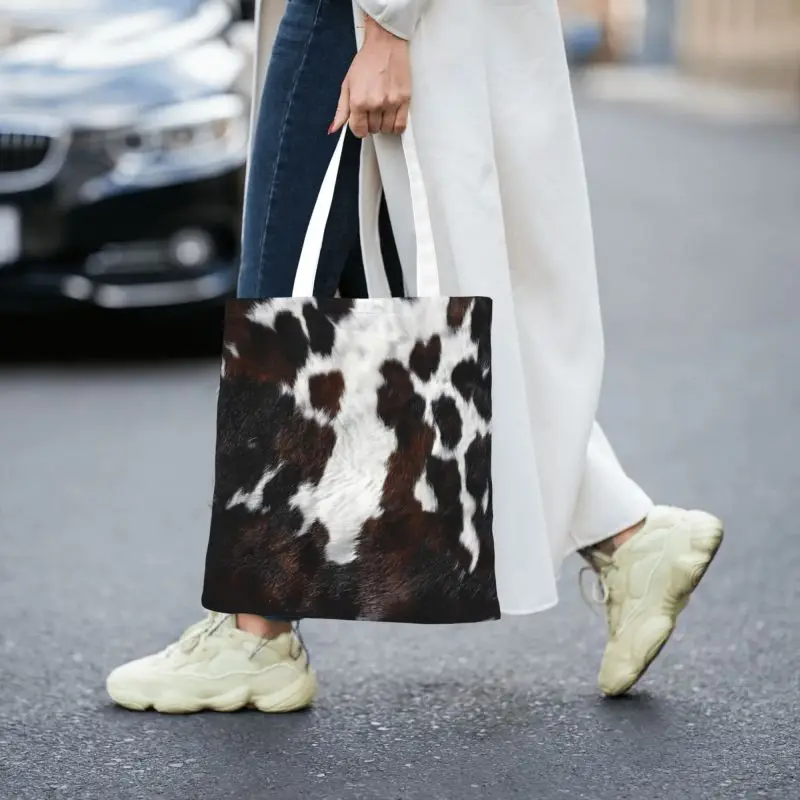 Modello maculato In stile pelle bovina In borsa per la spesa marrone e bianca stampa borsa a tracolla In tela borse per Shopper per la spesa