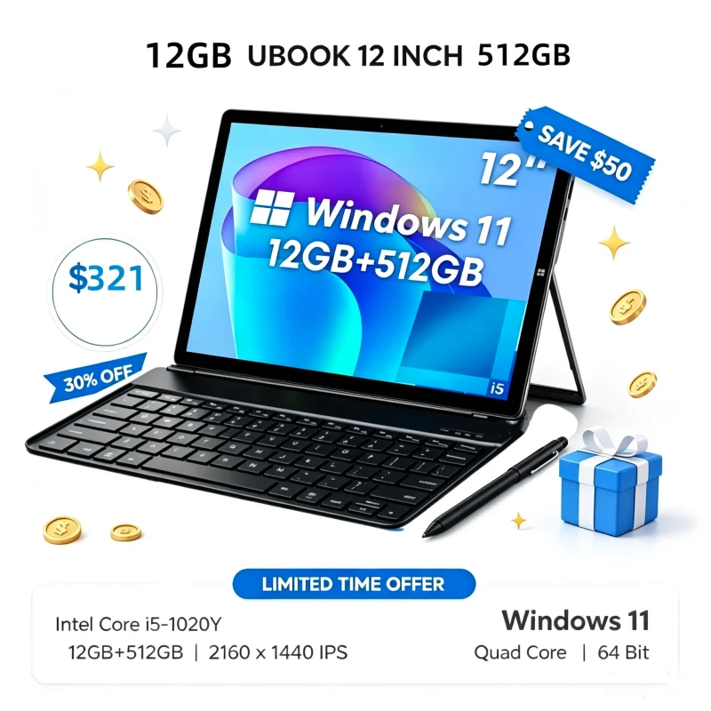12 Inch Portable UBOOK Windows 11 Tablet PC, Intel I5-1020Y, 12GB+512GB, 2160×1440 IPS Screen, Detachable Bluetooth Keyboard,
