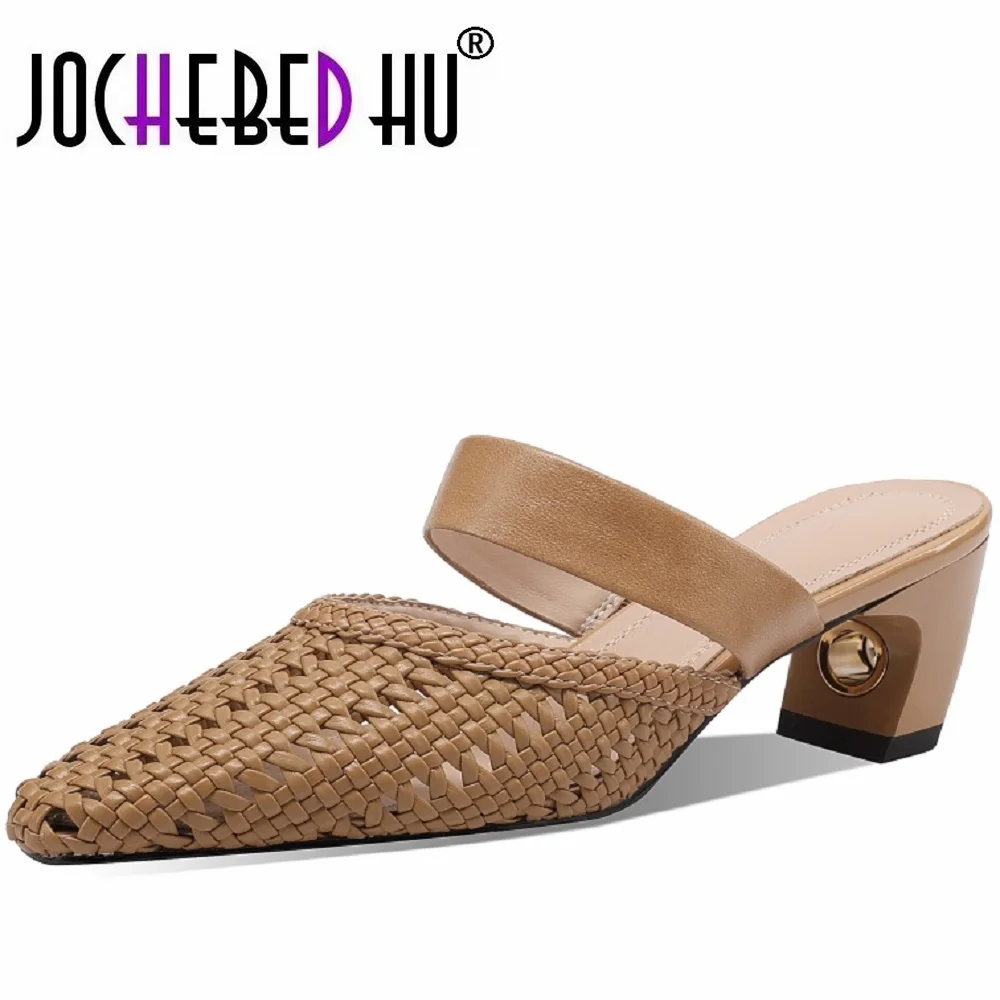 JOCHEBED HUHandmade Genuine Leather Mid Heel Sandals Women Coarse Heel Elegance Woven Hollow out Slip-On Summer Shoes 33-43