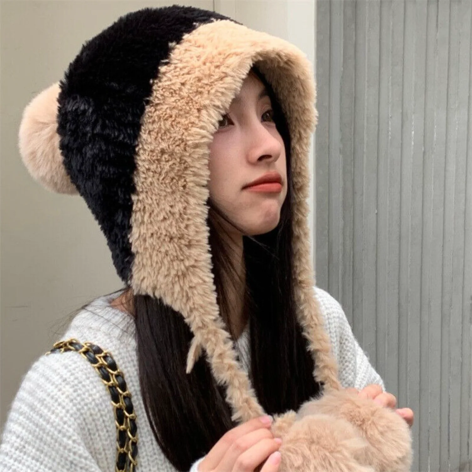 Cute Plush Hat with Pom Pom Solid Color Faux  Hat Thick Cold-Proof Knitted Hat for Women Winter Outdoor