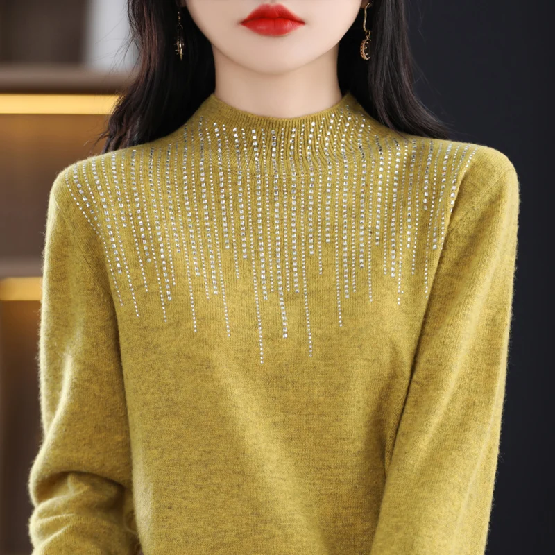 Autumn and winter new half-high collar 100% merino wool sweater women's sweater high-end pullover fashion diamond-encrusted top