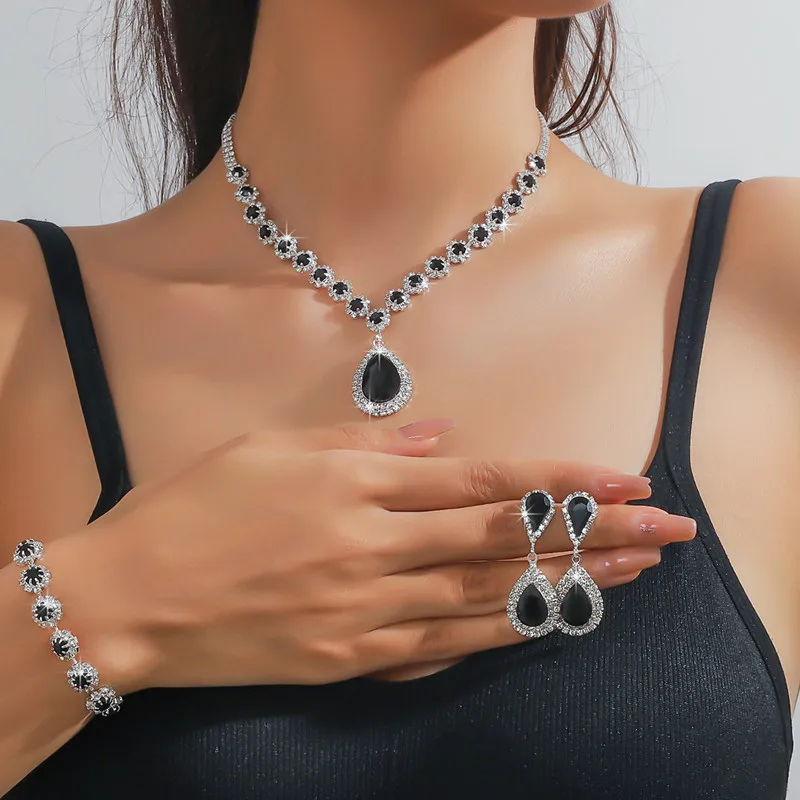 FYUAN Exquisite Red Blue Green Black Necklace Earrings Bracelet Water Drop Crystal Earrings for Wedding Jewelry Sets