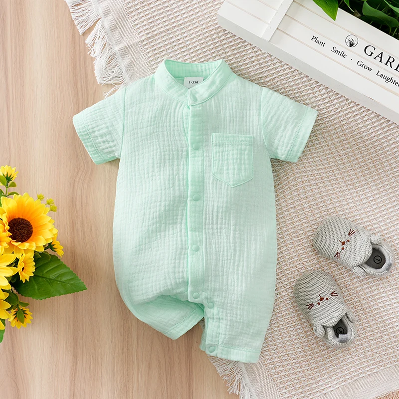 Newborn Baby Cotton Romper Solid Green Short Sleeve Button Down Jumpsuit Breathable Soft Casual Summer Outfit for Boys Girls