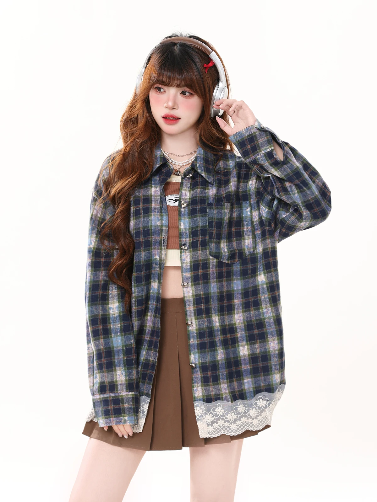 

Женская рубашка ENJOG Spring с кружевными вставками и клетчатым узором, свободного кроя, из смесового полиэстера и хлопка, стандартный крой