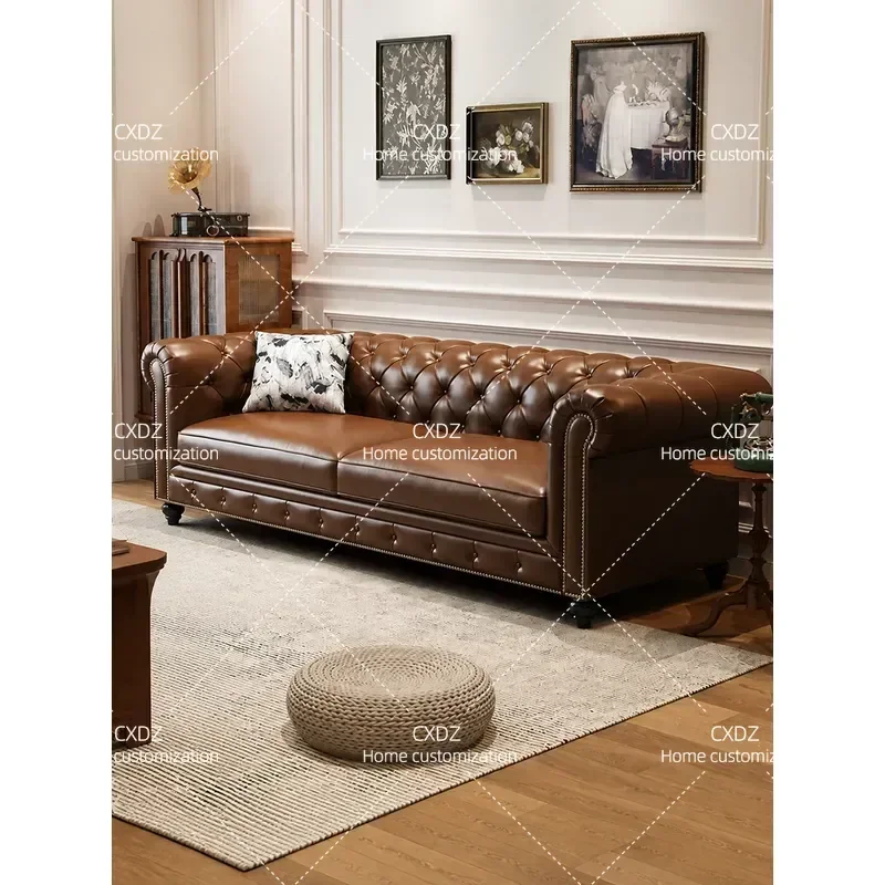 American Retro Leather Sofa French Medieval Style Straight Row Oil Wax Leather Couch for Small Apartment Living Room