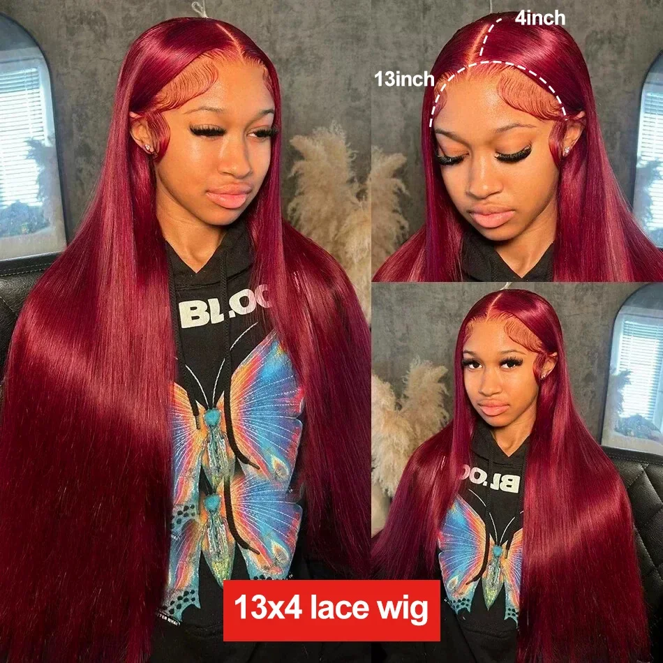 13x4 Burgundy 99J 200% Density Bone Straight HD Transparent Lace Brazilian Remy Hair Front Human Hair Wig Full Lace Frontal Wigs