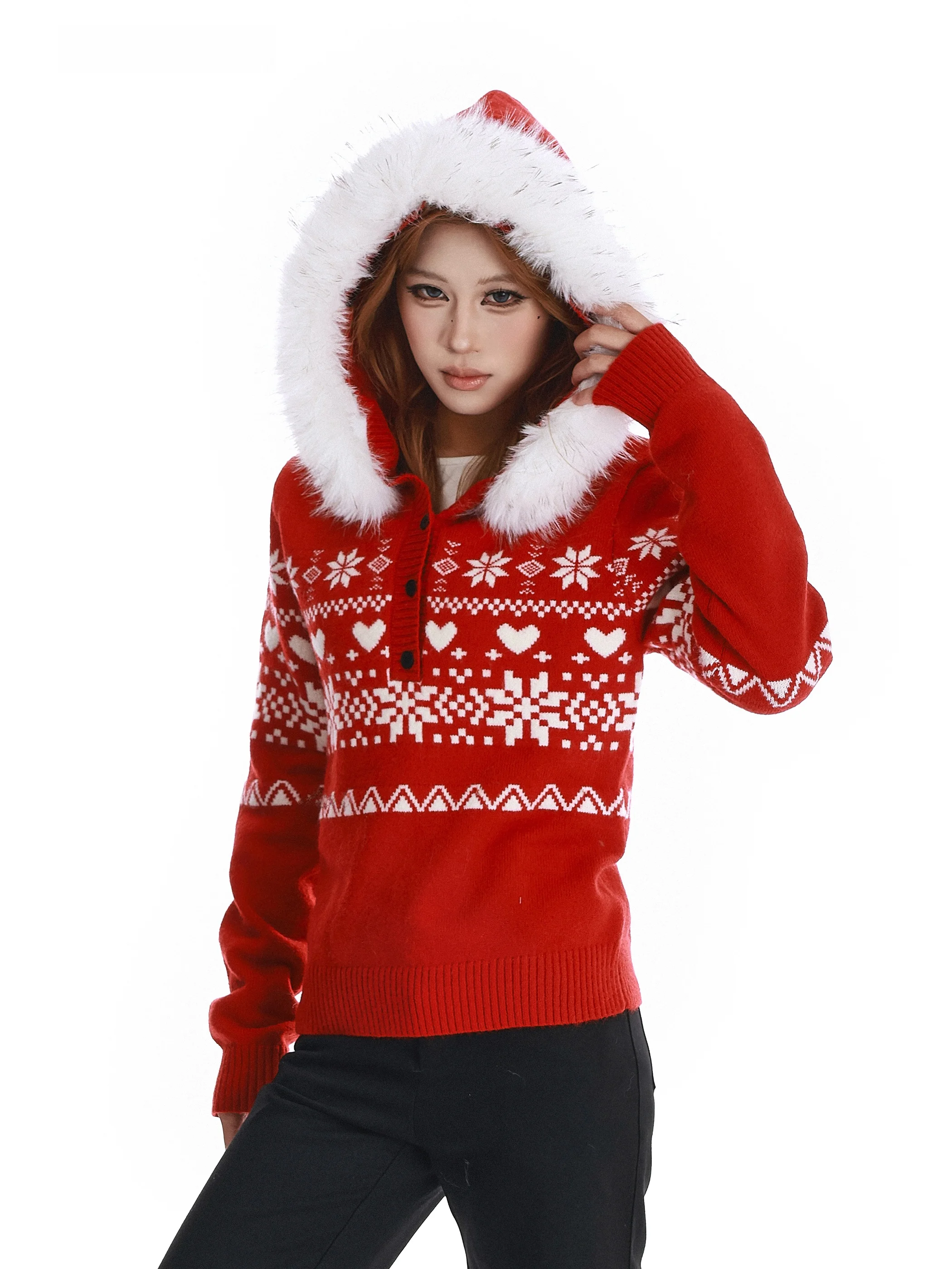 

American Sle Red Cisas Fair Isle Knitted Sweater Coat Women's Autumn Winter Lazy Slimming Hooded Soft Long Sve Top