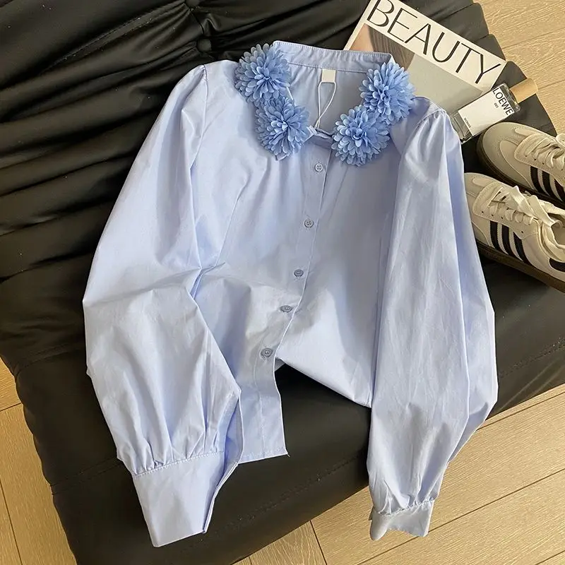 

Women Clothing Spring Autumn Autumn Trend Vintage Jacquard Solid Color Polo Collar Women Shirts All-match Puff Sleeve Cardigan