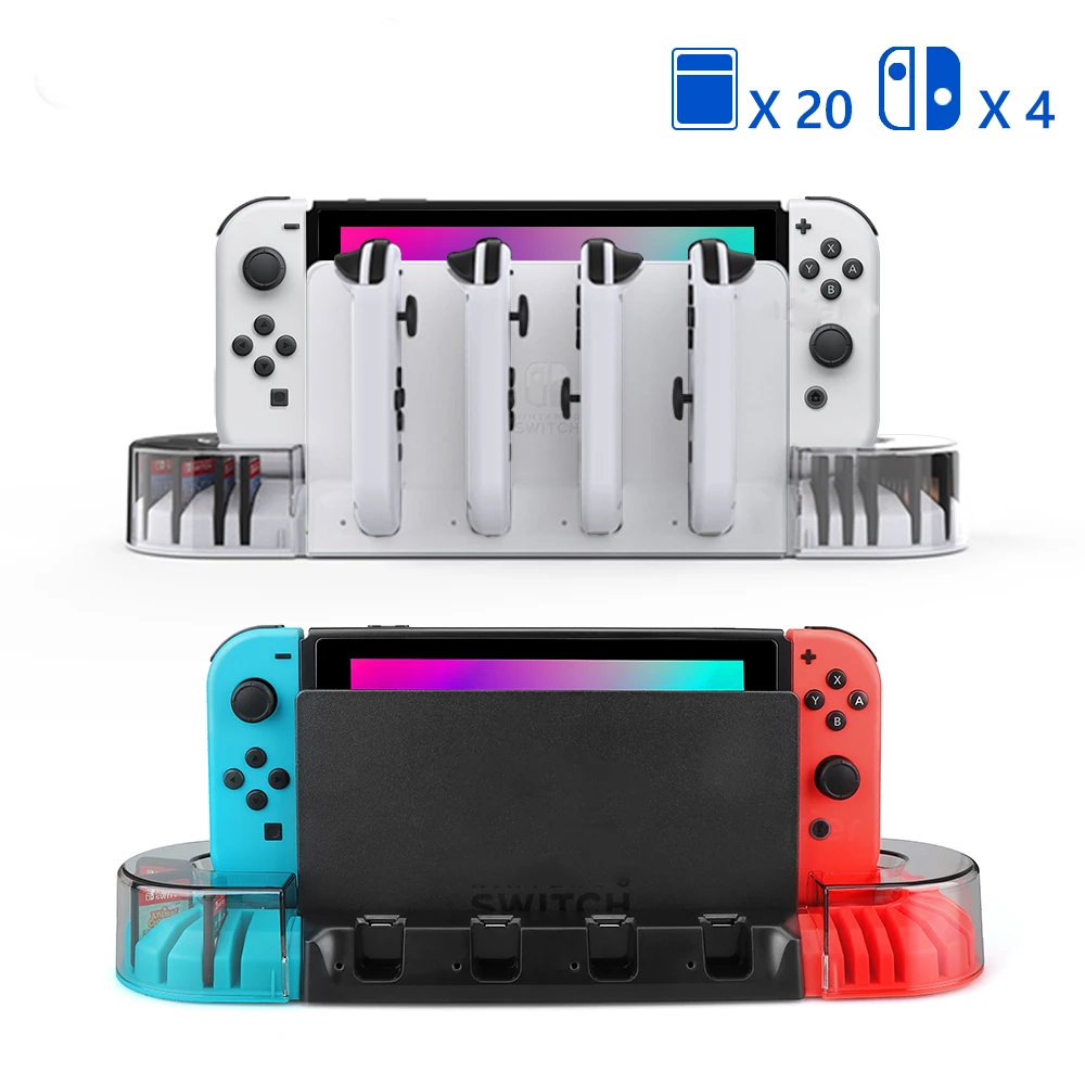 Charger Dock Station for Switch OLED Controller 4 Port LED Charging Stand with 20 Game Slots for Switch