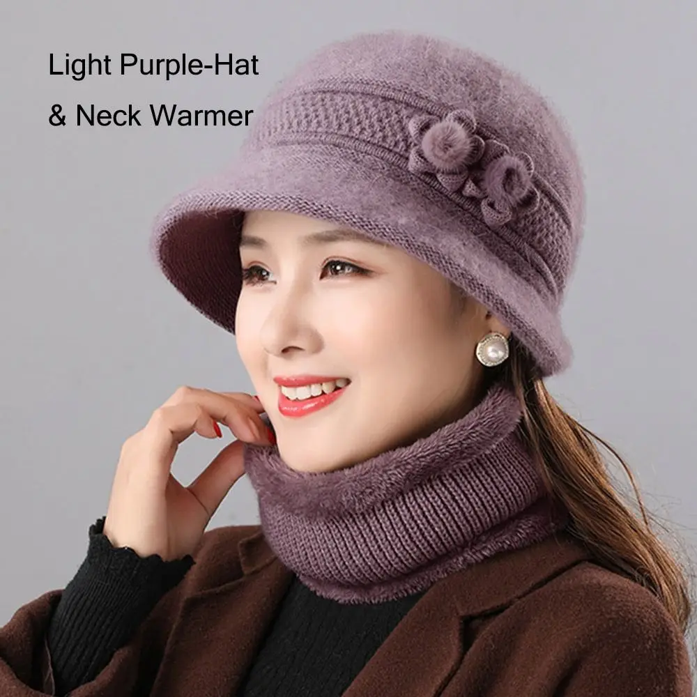 暖かい女性用帽子とスカーフセット 防風ニットバケットハット 小さな花柄フェイクラビットファー 厚手