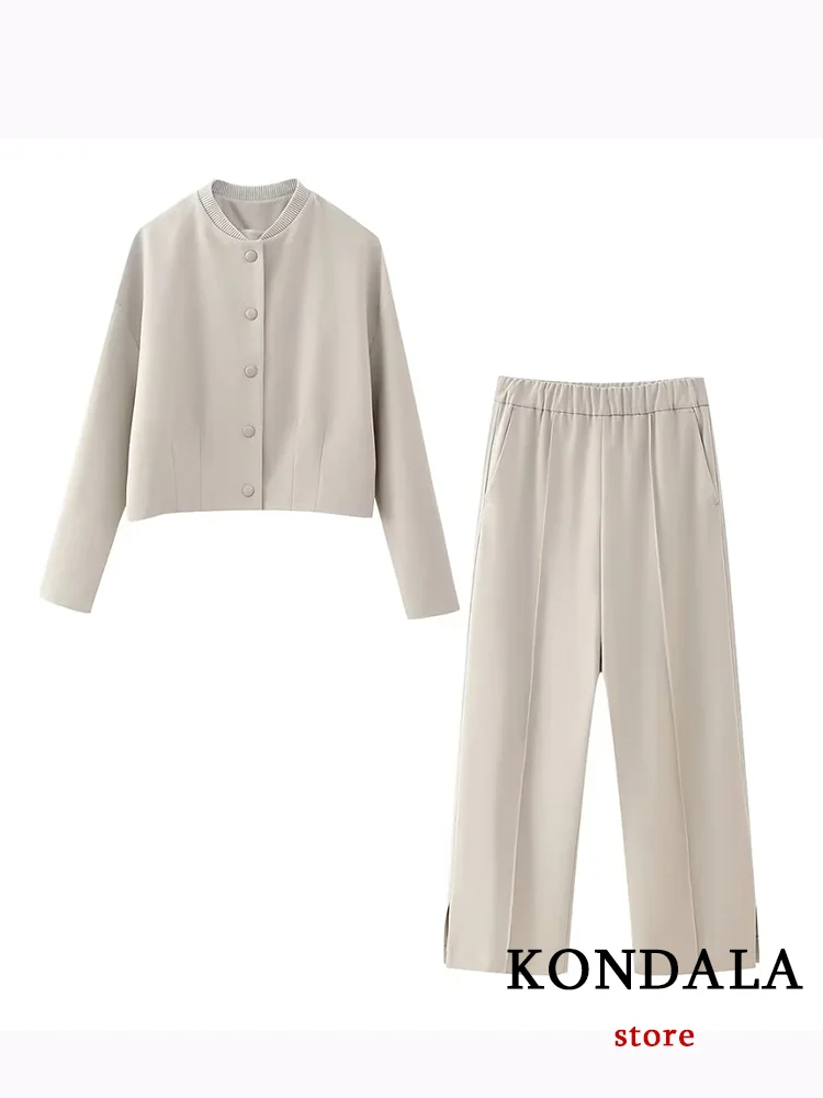 KONDALA Vintage Casual Solid Women Suit Single Breasted Long Sleeve Short Jackets Loose Long Pants Chic Fashion 2023 Autumn Sets