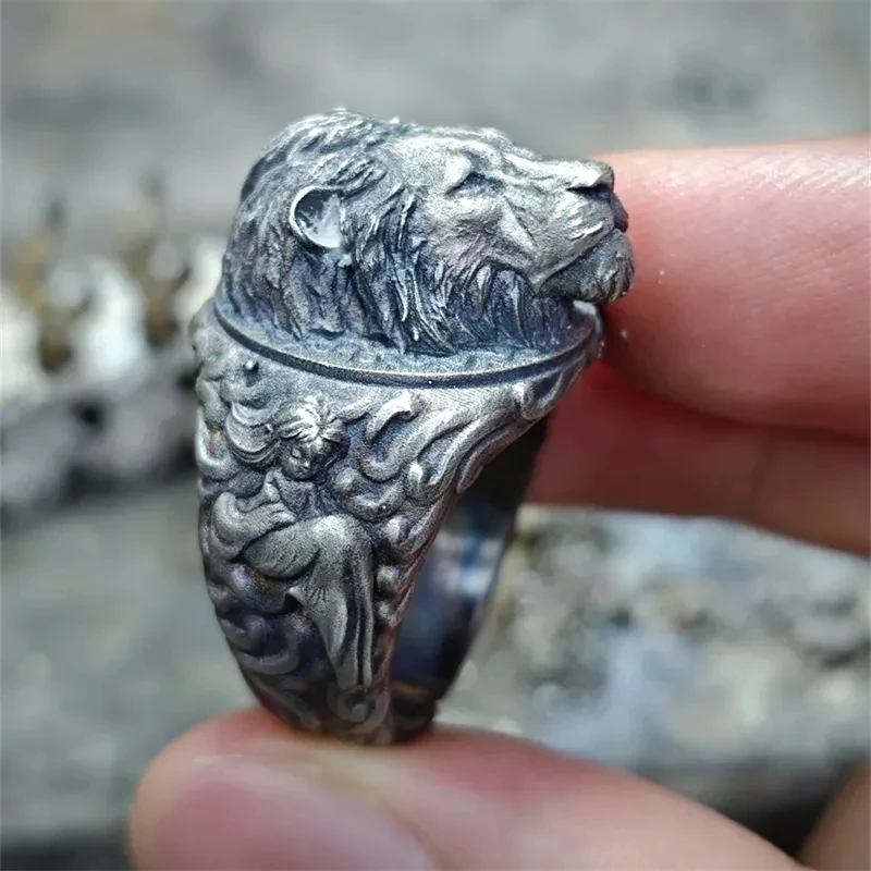 Domineering Embossed Stereoscopic Fine Carved Silver Color Lion King Ring Men's Versatile Daily Jewelry Open Ring Accessories