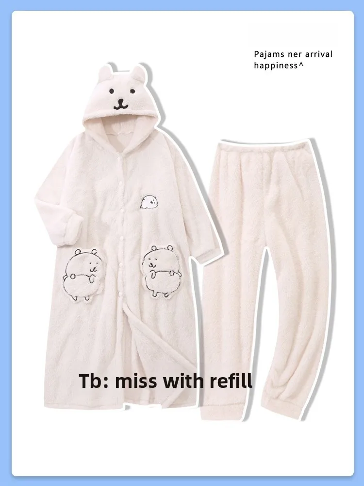 

Nagano Самовсасывающий медведь с коралловой подкладкой Thiened, осенне-зимний комплект одежды с милой мультяшной подкладкой для девочек, домашняя одежда, длинный рукав...