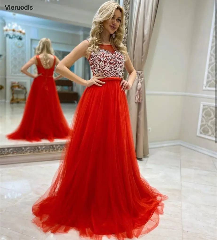 فستان سهرة أحمر على شكل حرف a رقبة دائرية بدون أكمام دانتيل مطرز خرز شيفون فيونكة بدون ظهر طول الأرض ذيل محكمة فستان حفلات 2022 #1