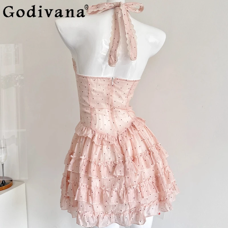 여름 봄 신상 로리타 원피스 여성 폴카 도트 스윗 퓨어 스타일 슬리밍 홀터넥 원피스 소녀 공주 퍼프 숏 원피스