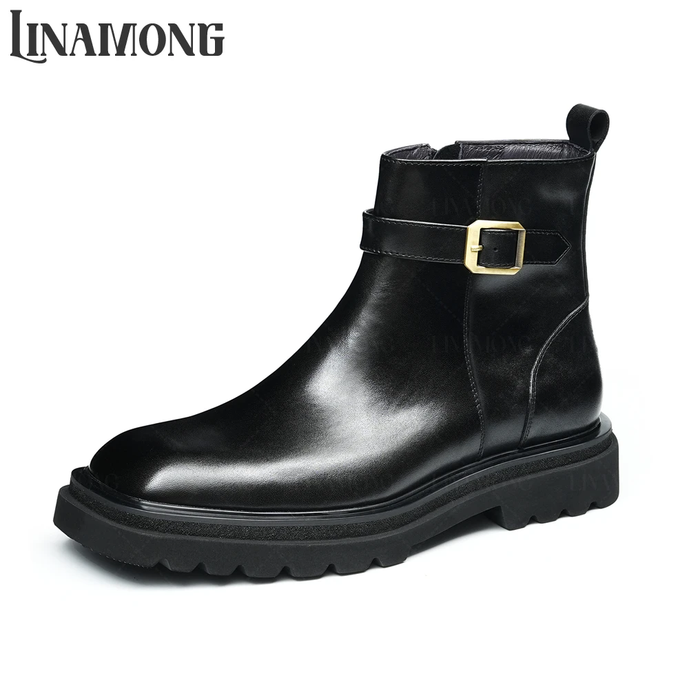 

Metallic Buckle Genuine Leather Booties Designer Style Elegant Cowhide Ankle Boots Round Toe Zipper Handmade Leather Men's Boots