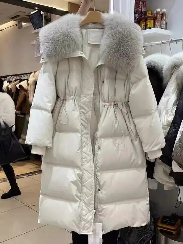 

Women's down Cotton Jaet Mid-Length Thi Warm Coat with Large Fur Collar Waist-Cinching Knee-Length 2025 Winter New Sle