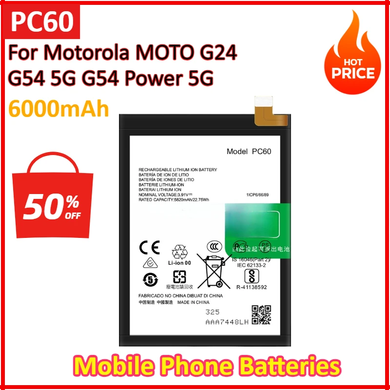 6000mAh New PC60 Replacement Battery For Motorola MOTO G24 G54 5G G54 Power 5G Mobile Phone Batteria