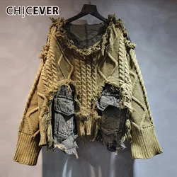 CHICEVER Patchwork Pockets Knitted Swearter For Women O Neck Long Sleeve Streetwear Fashion Pollover Knitwear Female Clothes New