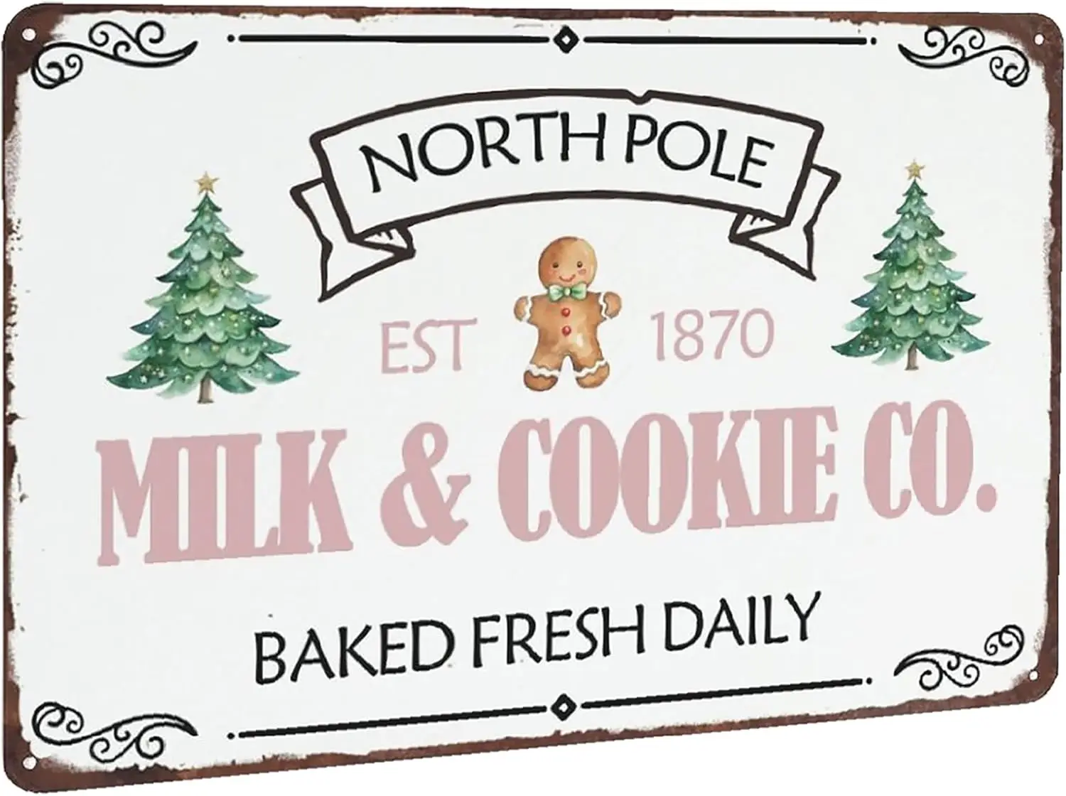 North Pole Milk & Cookie Co Metal Tin Sign Funny Christmas Baked Vintage Tin Sign for Home Kitchen Room Shop Cafe Restauran