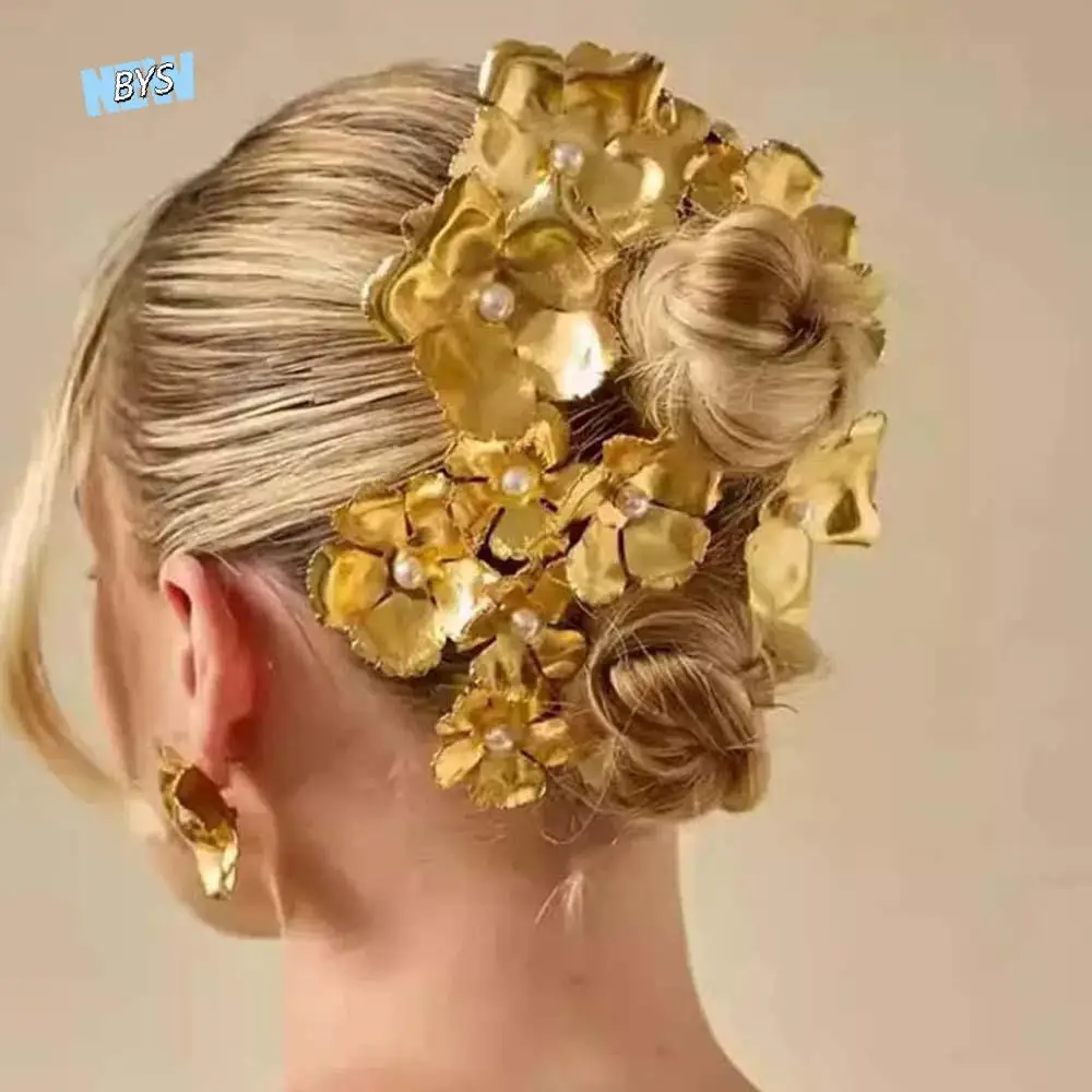 

5pcs Elegant Golden Flower Hair Forks Retro French Style Pearl Side Clips Hair Accessories Hairstyle Tools Wave Alloy Barrettes