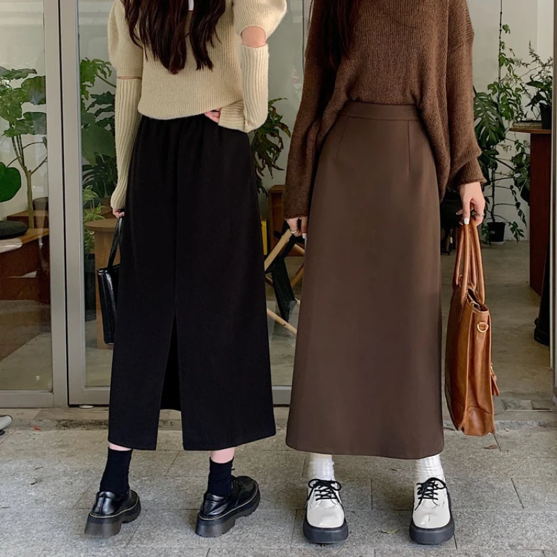 Retro Woolen Gerade bein Rock Büro Damen Herbst Winter Dicke Midi Rock Weiblichen Koreanischen Mode Alle Spiel Outwear Faldas mujer