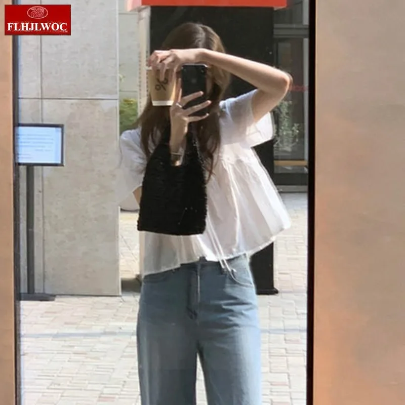 Bonito mistura de algodão topos curto chique coreia bonito boneca camisa design 2025 mulher verão babados casual gravata borboleta camisa de renda branca blusa