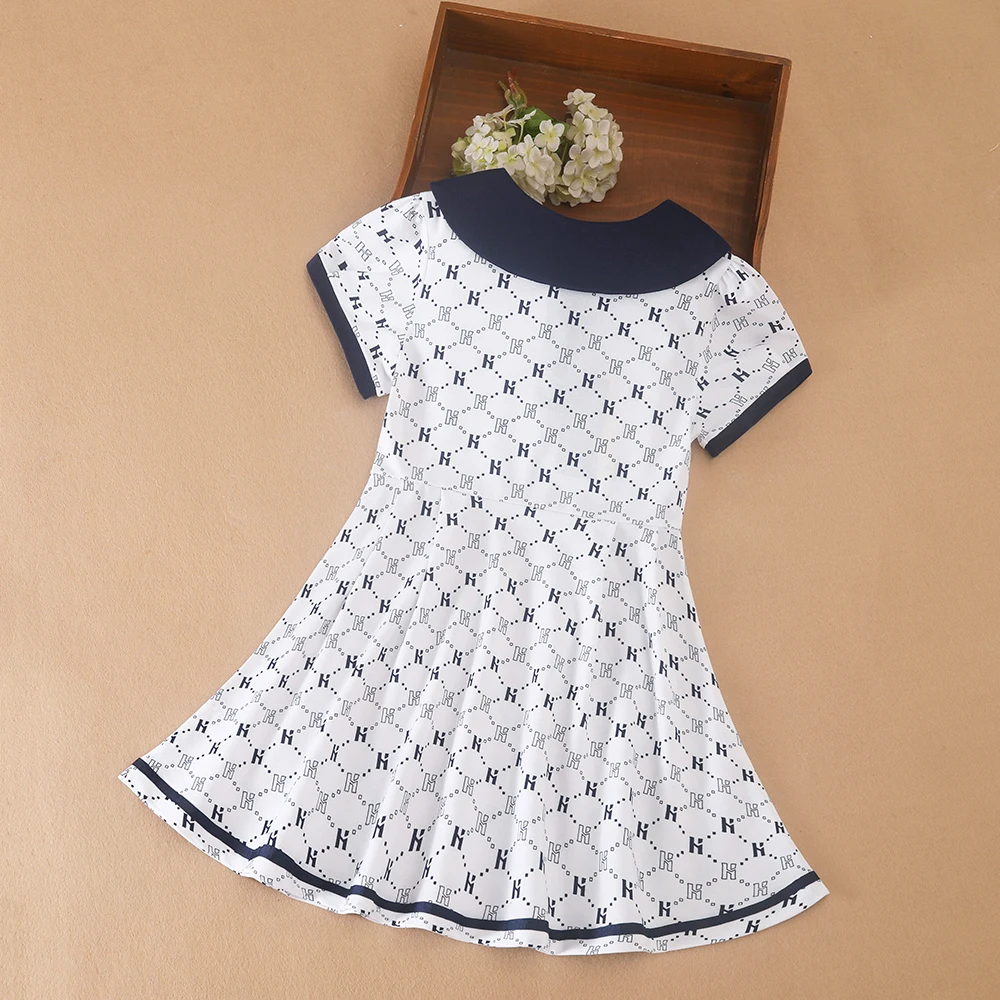 Girls' Printed Polo Dress with Navy Collar Short Sleeve A-Line Dress with Monogram Pattern Kids White Summer Dresses