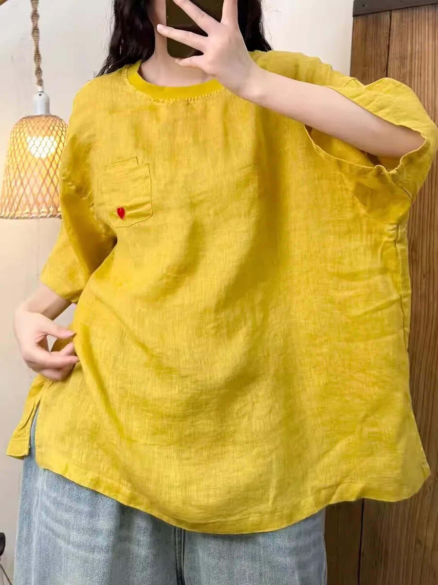 루즈 캐주얼 오버사이즈 라운드 넥 자수 리넨 원피스 한국 스타일 얇은 소재 여름 신상 여성용...