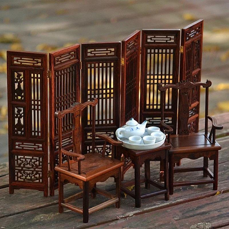 Miniature Furniture Chinese Classic Screen Painted Drama Screen Solid Wood Table Chair End Table Cabinet Doll House Accessories