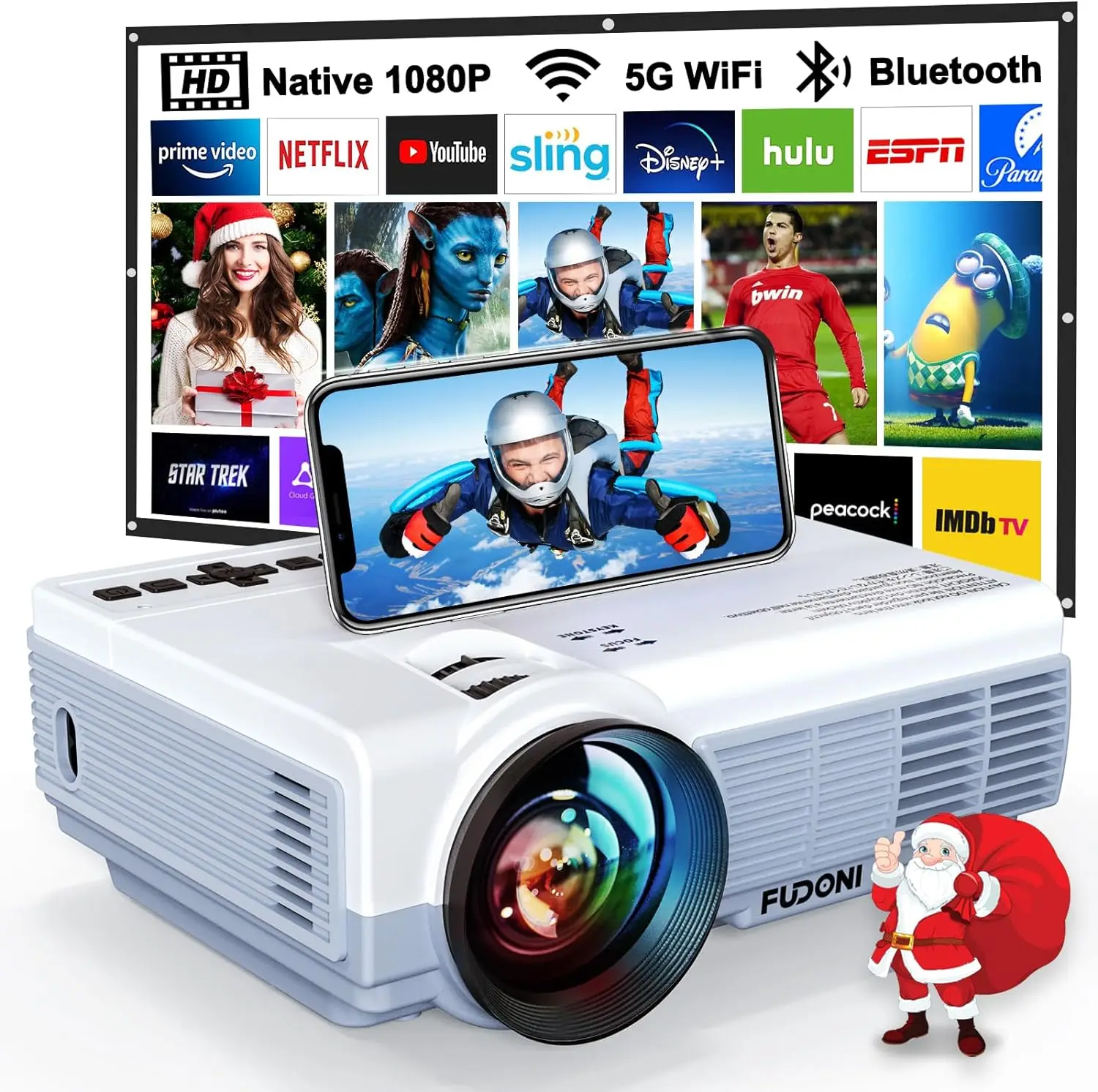 Projector with WiFi and Bluetooth,5G WiFi 9000L Native 1080P Video Projector, FUDONI Portable Movie Projector