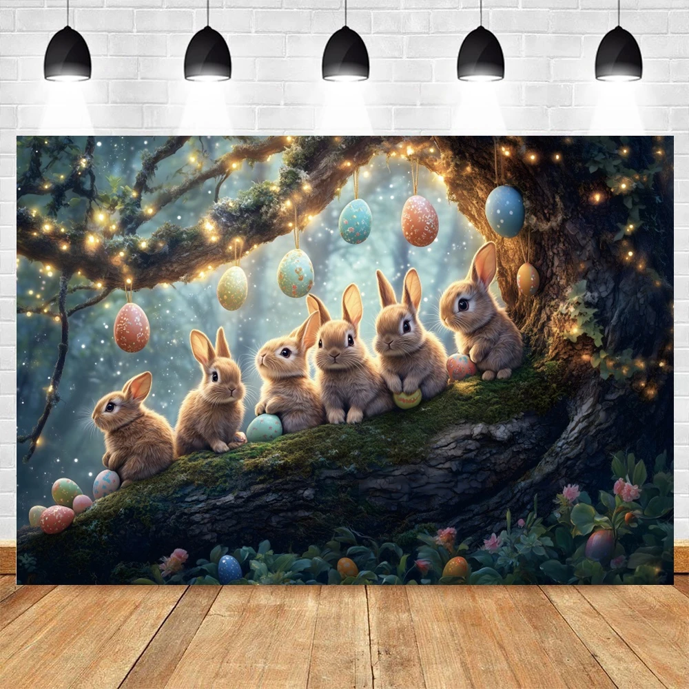 Spring Easter Photography Backdrop Cute Rabbit Colorful Eggs Flower Bunny Forest Kids Portrait Easter Background Photo Studio