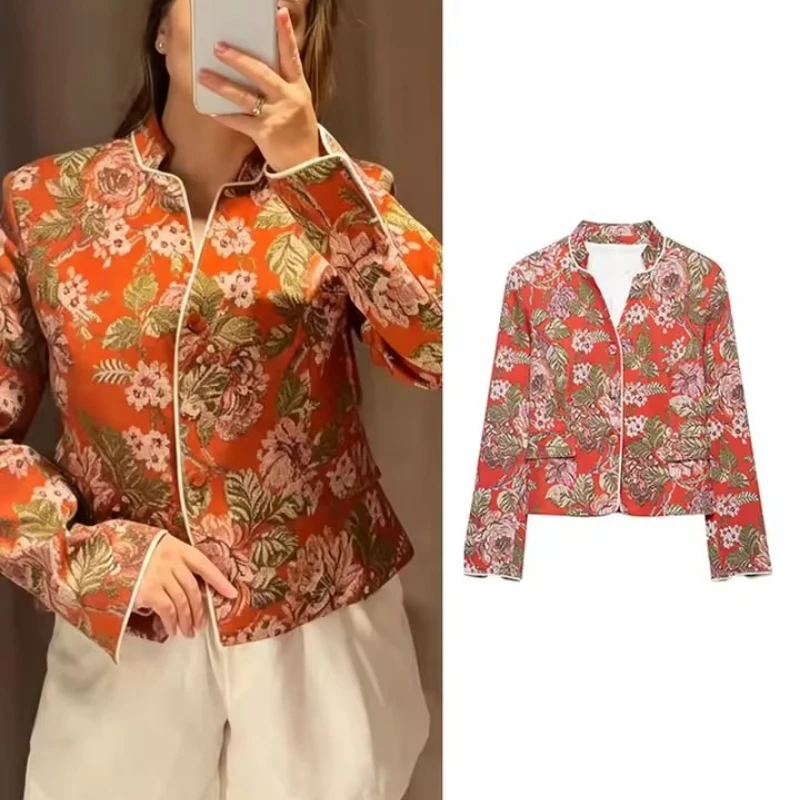 Women's Printed Floral Jackets 2026 Autumn New Cropped Long Sleeve Tops Vintage Fashion Coat With Button Chic Jackets Woman Coat
