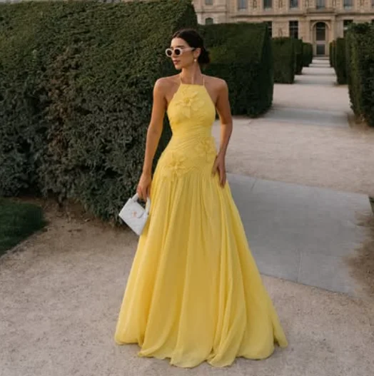 Abiti da sera pieghettati senza maniche gialli con applicazioni di fiori di lunghezza del pavimento personalizzati di alta qualità Robes De Soirée Abiti da gala