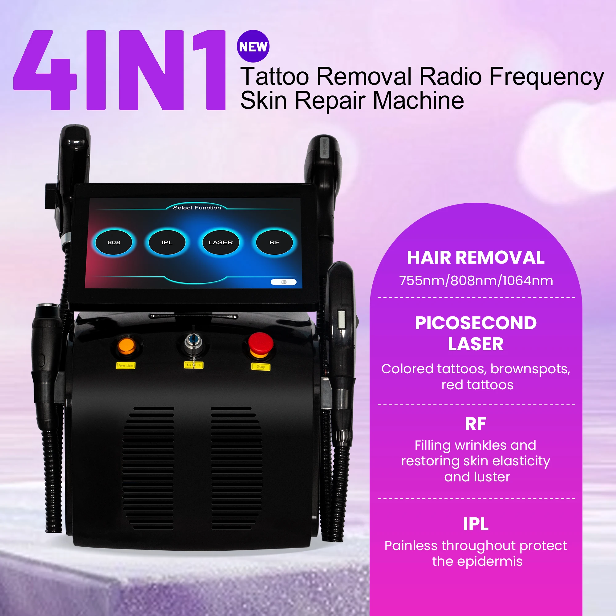 

Professional 4000W 4 in 1 Diode Laser Pico Laser DPL RF Beauty Machine for Hair Removal Tattoo Removal Skin Rejuvenation Salon