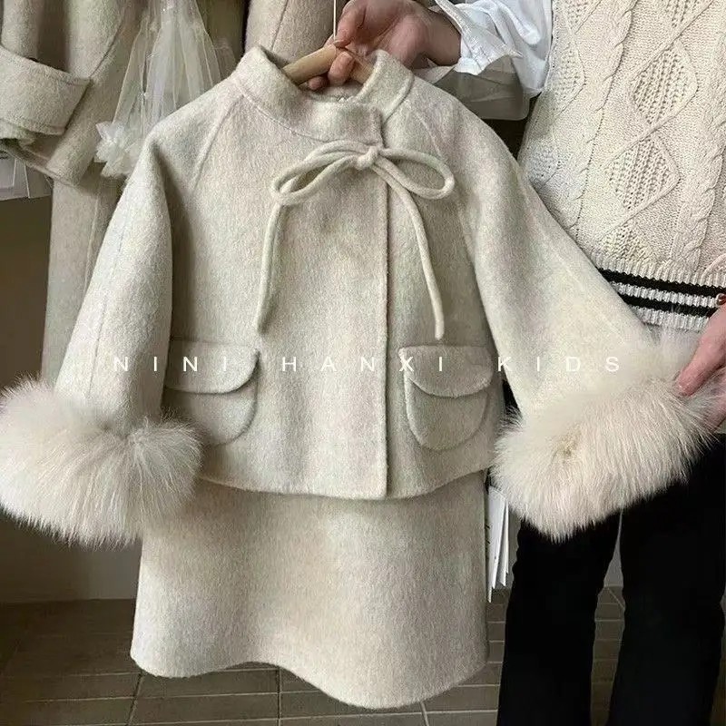 

Autumn and Winter Girls' Woolen Set 2025 New Fashionable Children's Woolen Coat Half Skirt Two Piece Set 90-140cm