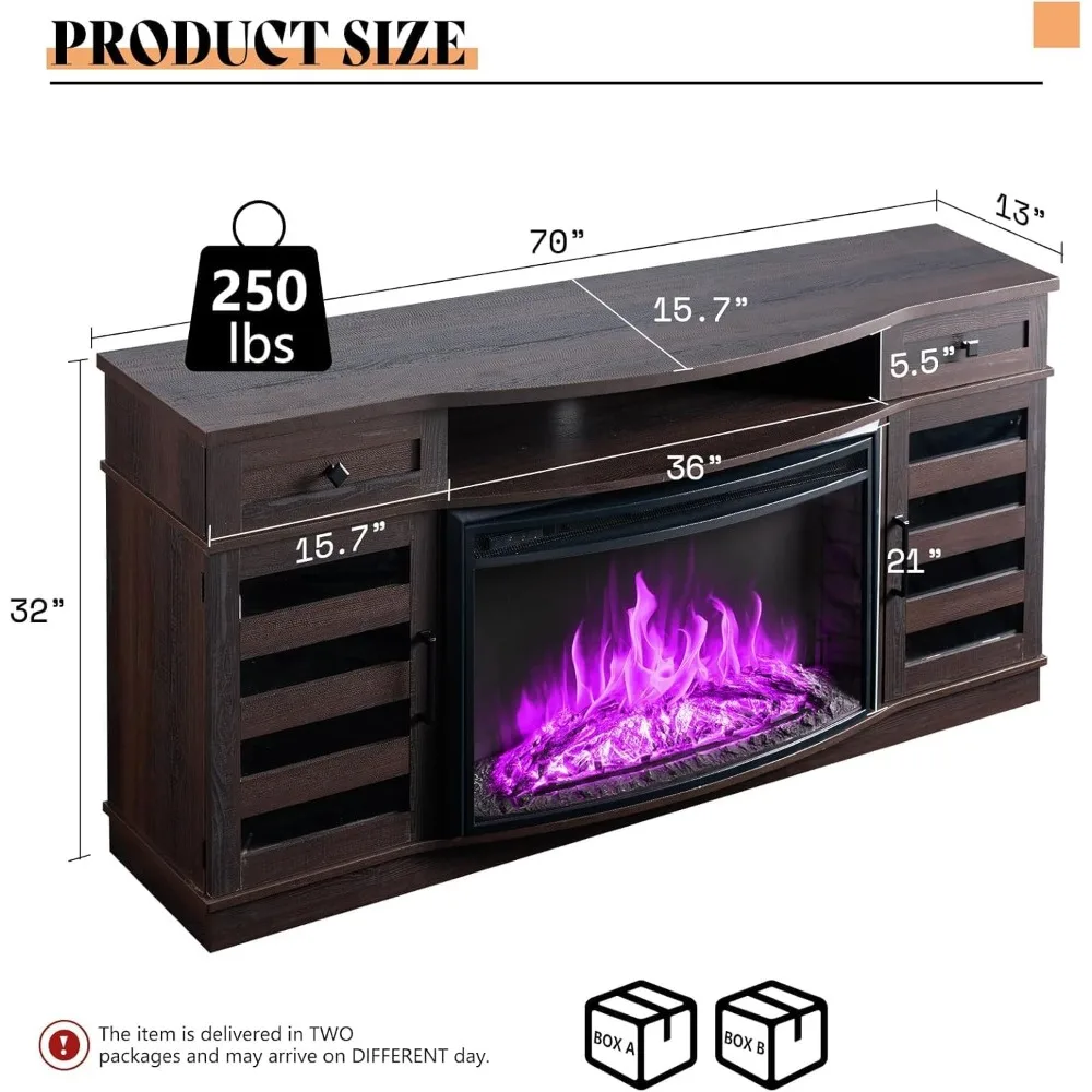 حامل تلفزيون كهربائي على طراز المزرعة مقاس 70 بوصة مع شاشة منحنية 36 LED ودرجين ورفوف قابلة للتعديل #2