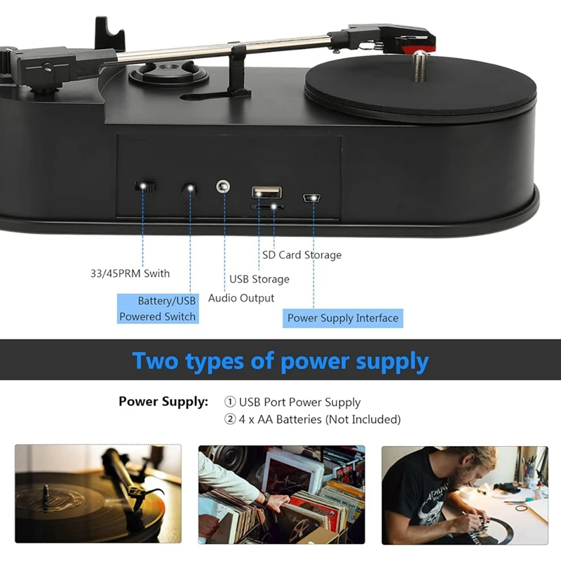 Portable Phonograph 33/45RPM Turntable Player Converter Save Vinyl Music Records To MP3 TF Card/USB Built In Speaker Accessories