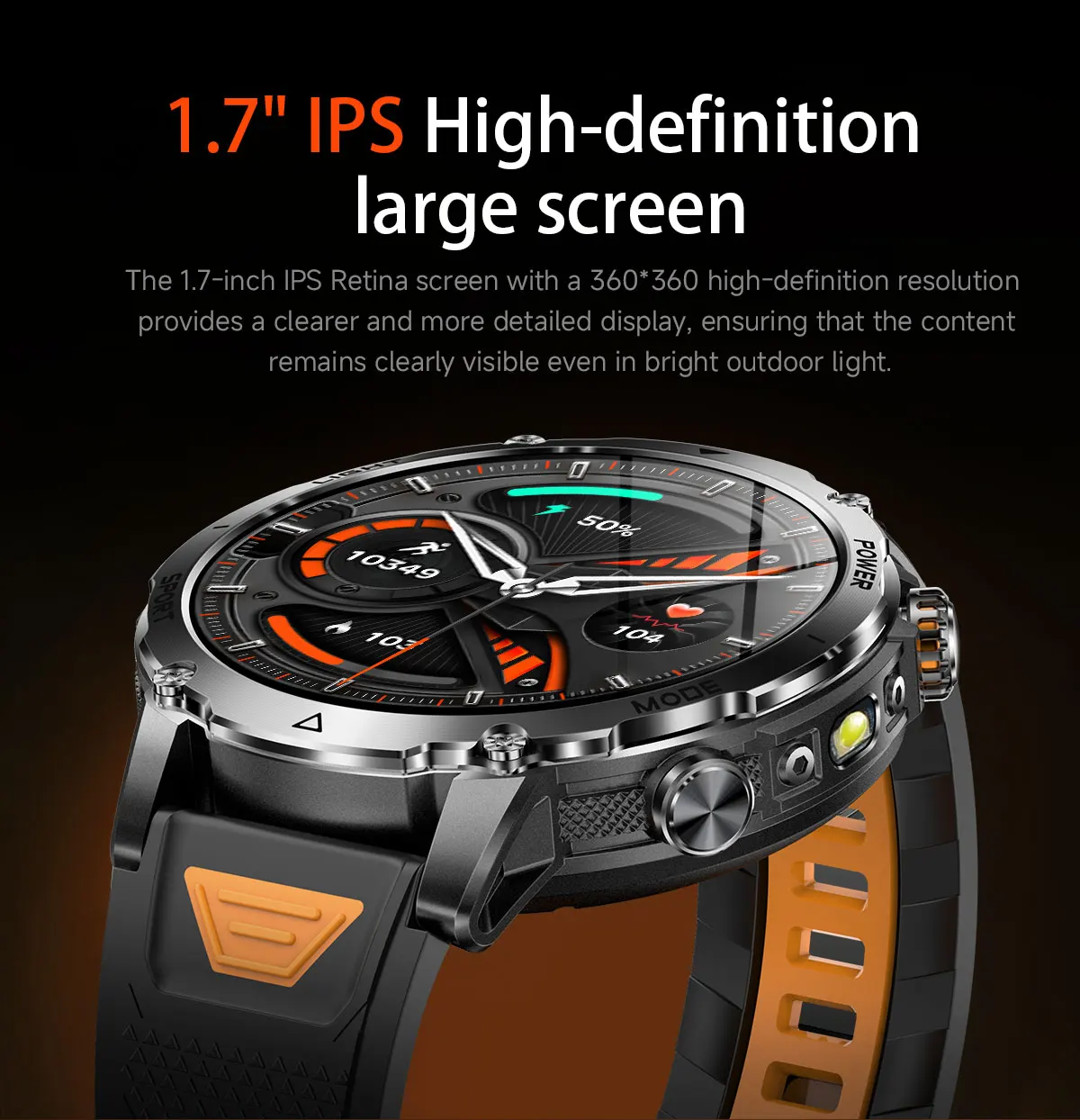 Robuste und langlebige 1400mAh Batterie Smartwatch für Herren Outdoor-Taschenlampe IPX8 Wasserdicht Herzfrequenzmessung Drahtlose Anruffunktion Sportarmbänder – Detail 3