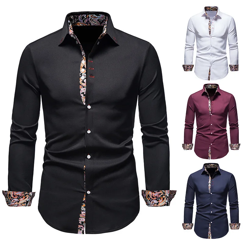 

2025 New Men's Long-sleeved Shirt European and American Style Youth Casual Lapel Slim-fitting Color Matching Shirt Men