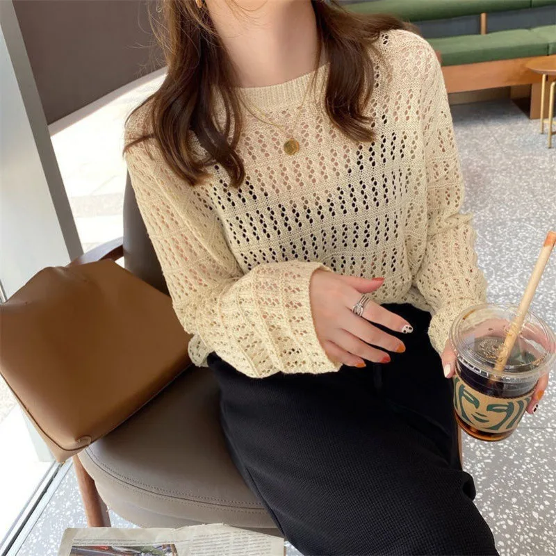 Hollow Out Knitted Pullovers Women Thin Slim Breathable Ripped Holes Solid Sweet Loose All-match Daily Sunproof Summer Trendy