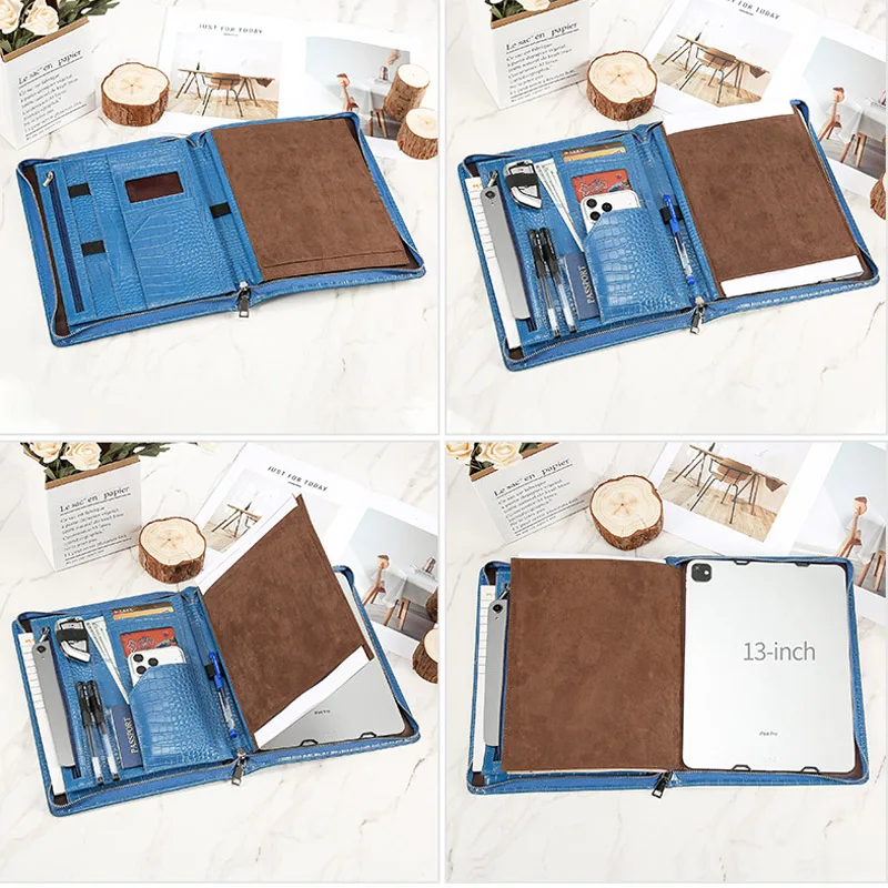Crocodile Embossed Genuine Leather Zipper Portfolio Organizer All-in-One Travel Document Wallet with Tablet Sleeve File Folder
