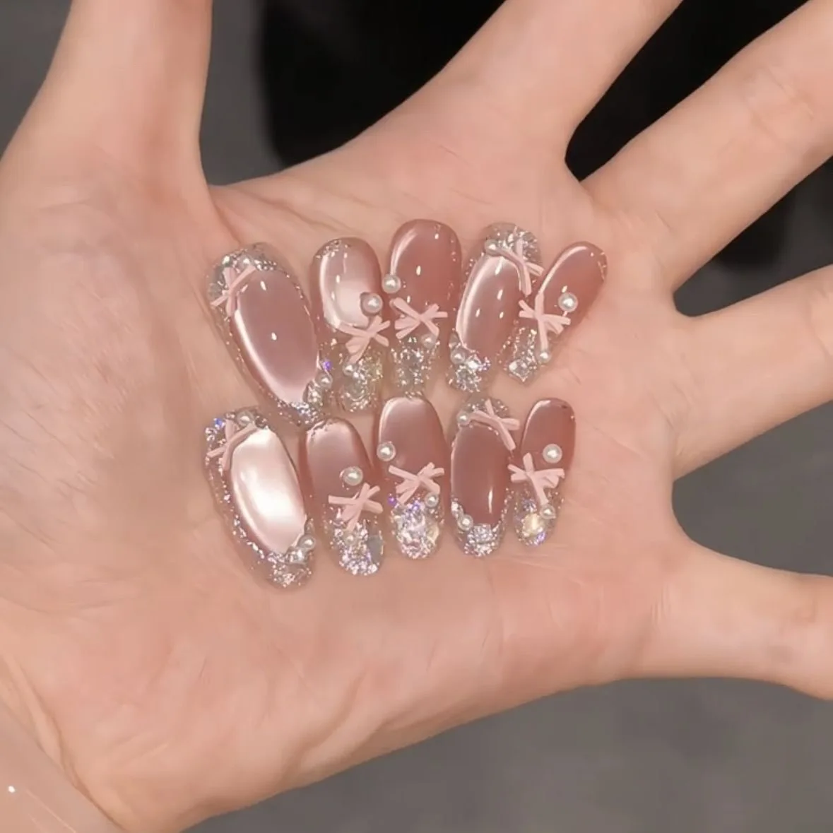 10pcs Handmade French Long Press On Nail Shiny Pink Cat Eye Bow Pearl Design Sweet Cute Fake Nails Wearable Nails Art Tip Girls
